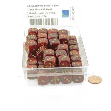 WCXXH6005E50 Ruby Red Glitter Dice with Gold Colored Hearts D6 16mm (5/8in) Pack of 50 (ONLINE ORDER ONLY)