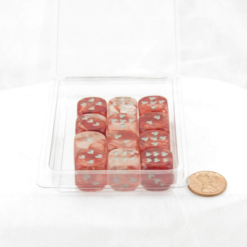 WCXXH6006E12 Red Nebula Luminary Dice with Silver Hearts D6 16mm (5/8in) Pack of 12 (ONLINE ORDER ONLY)