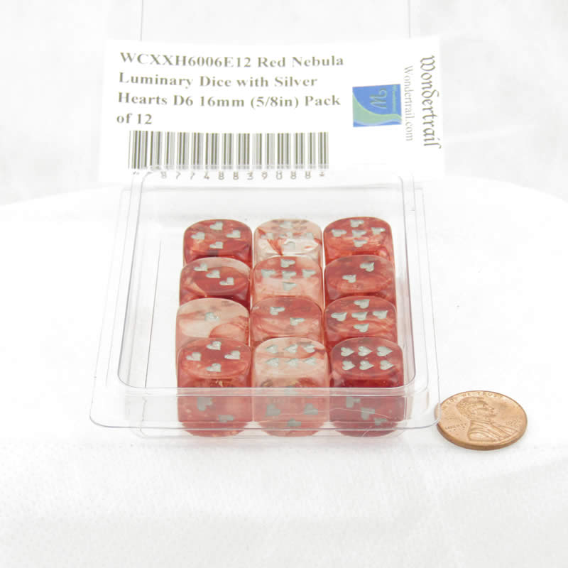 WCXXH6006E12 Red Nebula Luminary Dice with Silver Hearts D6 16mm (5/8in) Pack of 12 (ONLINE ORDER ONLY)