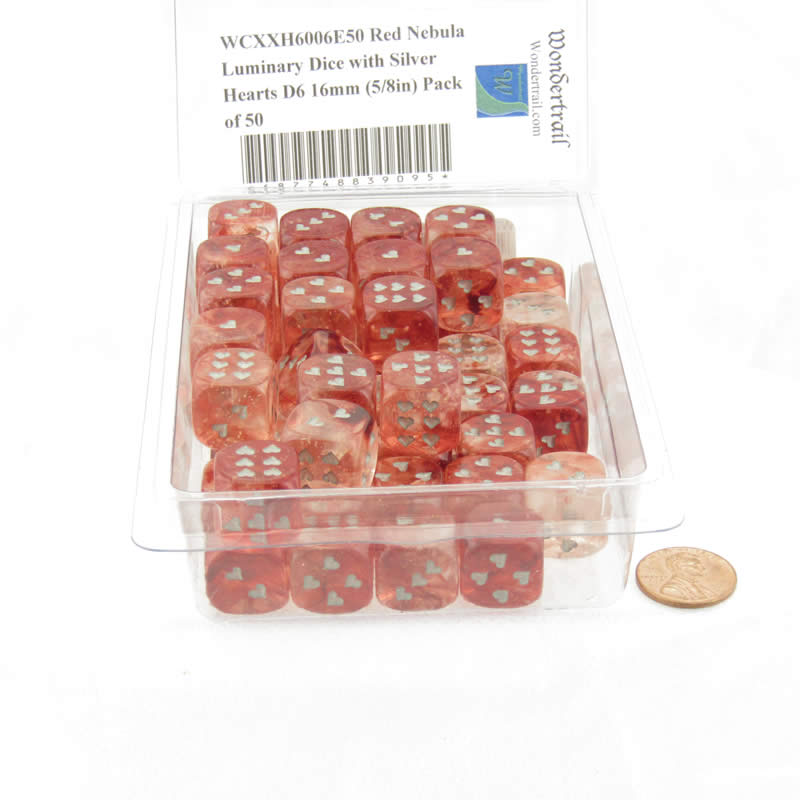 WCXXH6006E50 Red Nebula Luminary Dice with Silver Hearts D6 16mm (5/8in) Pack of 50 (ONLINE ORDER ONLY)
