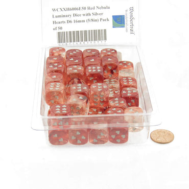 WCXXH6006E50 Red Nebula Luminary Dice with Silver Hearts D6 16mm (5/8in) Pack of 50 (ONLINE ORDER ONLY)