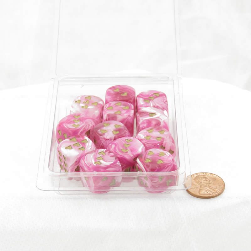 WCXXH6007E12 Pink Vortex Dice with Gold Colored Hearts D6 16mm (5/8in) Pack of 12 (ONLINE ORDER ONLY)