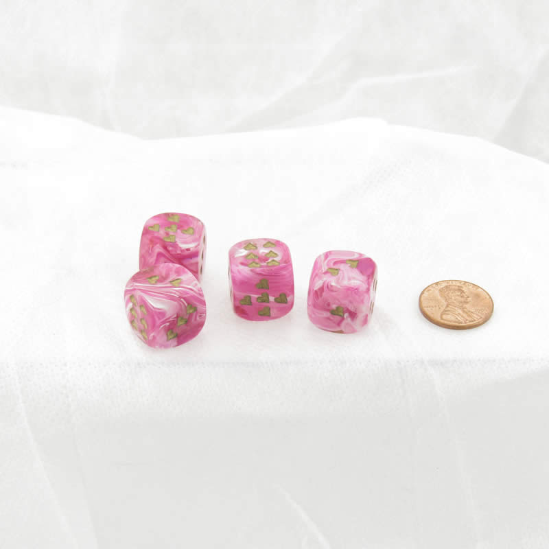 WCXXH6007E4 Pink Vortex Dice with Gold Colored Hearts D6 16mm (5/8in) Pack of 4 (ONLINE ORDER ONLY)
