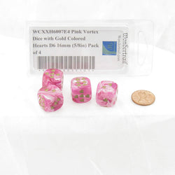 WCXXH6007E4 Pink Vortex Dice with Gold Colored Hearts D6 16mm (5/8in) Pack of 4 (ONLINE ORDER ONLY)