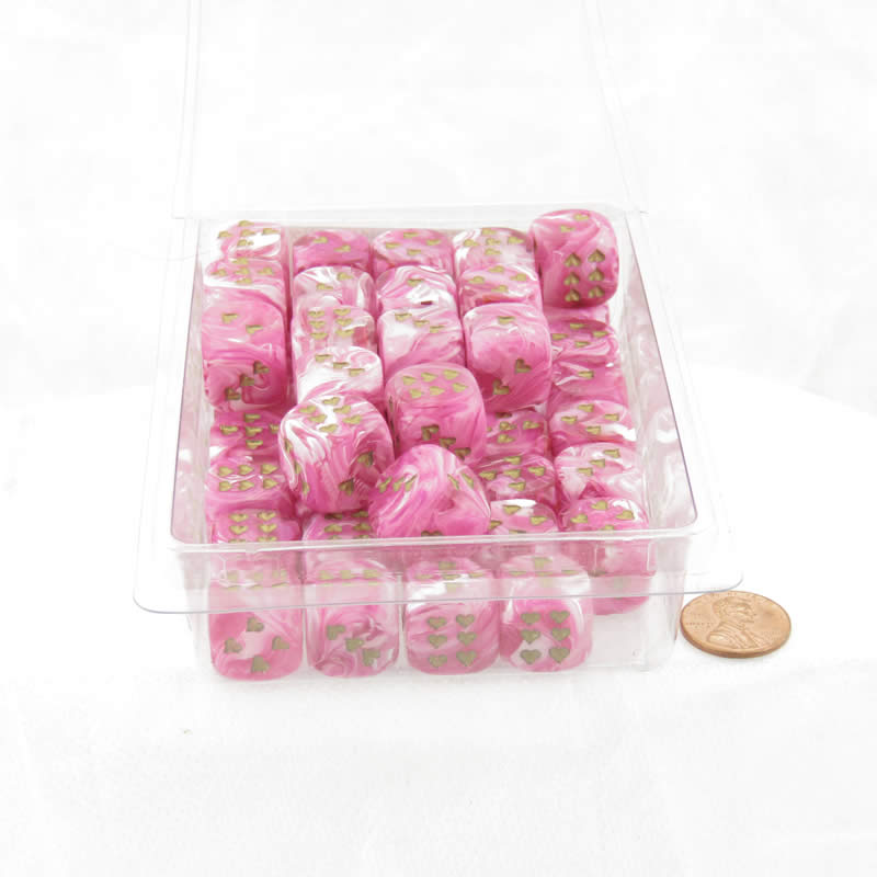 WCXXH6007E50 Pink Vortex Dice with Gold Colored Hearts D6 16mm (5/8in) Pack of 50 (ONLINE ORDER ONLY)