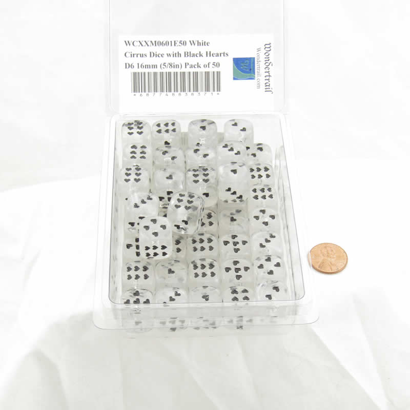 WCXXM0601E50 White Cirrus Dice with Black Hearts D6 16mm (5/8in) Pack of 50 (ONLINE ORDER ONLY)