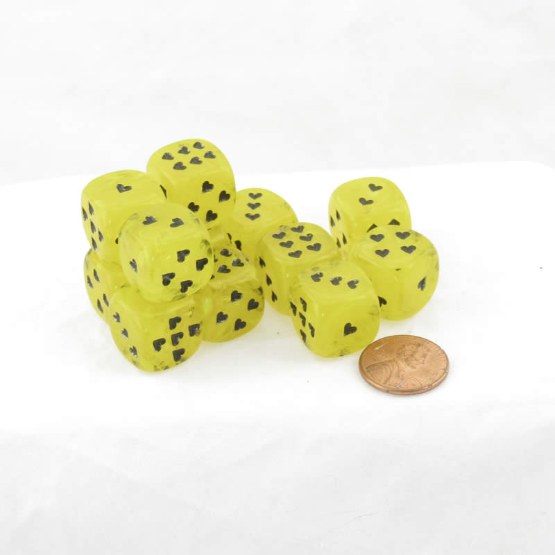 WCXXM0602E12 Yellow Cirrus Dice with Black Hearts D6 16mm (5/8in) Pack of 12 (ONLINE ORDER ONLY)