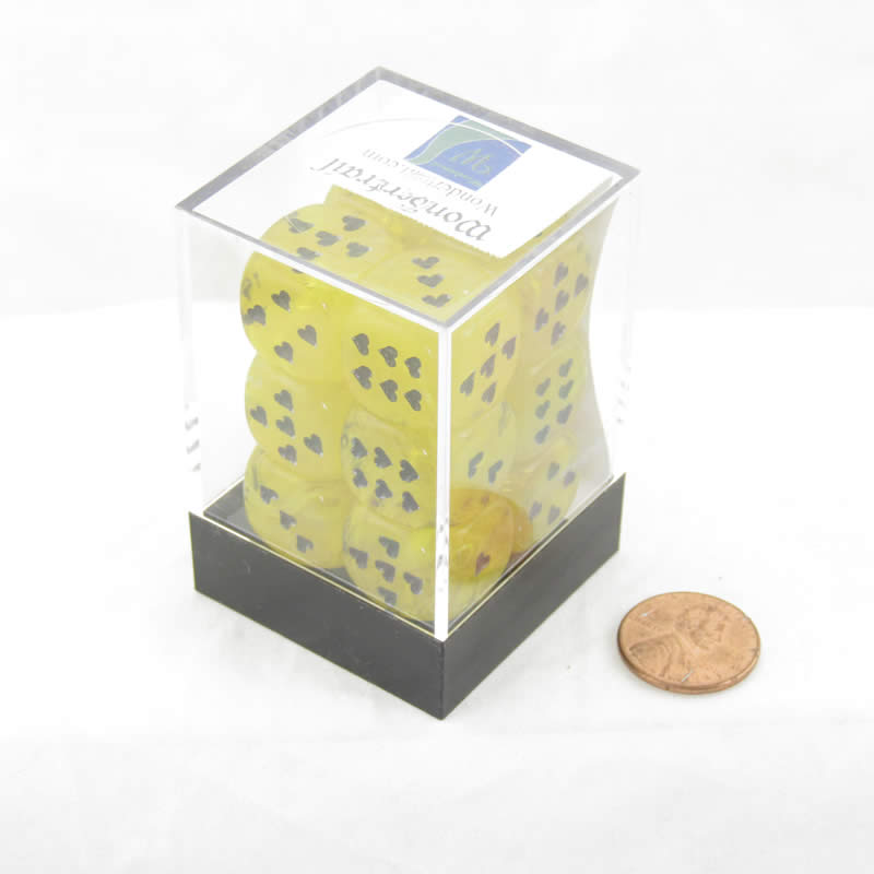 WCXXM0602E12 Yellow Cirrus Dice with Black Hearts D6 16mm (5/8in) Pack of 12 (ONLINE ORDER ONLY)
