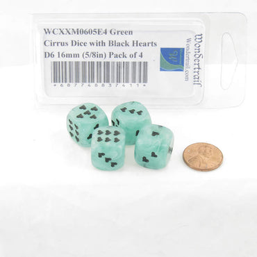 WCXXM0605E4 Green Cirrus Dice with Black Hearts D6 16mm (5/8in) Pack of 4 (ONLINE ORDER ONLY)