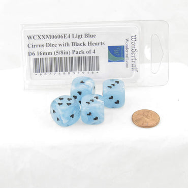 WCXXM0606E4 Light Blue Cirrus Dice with Black Hearts D6 16mm (5/8in) Pack of 4 (ONLINE ORDER ONLY)