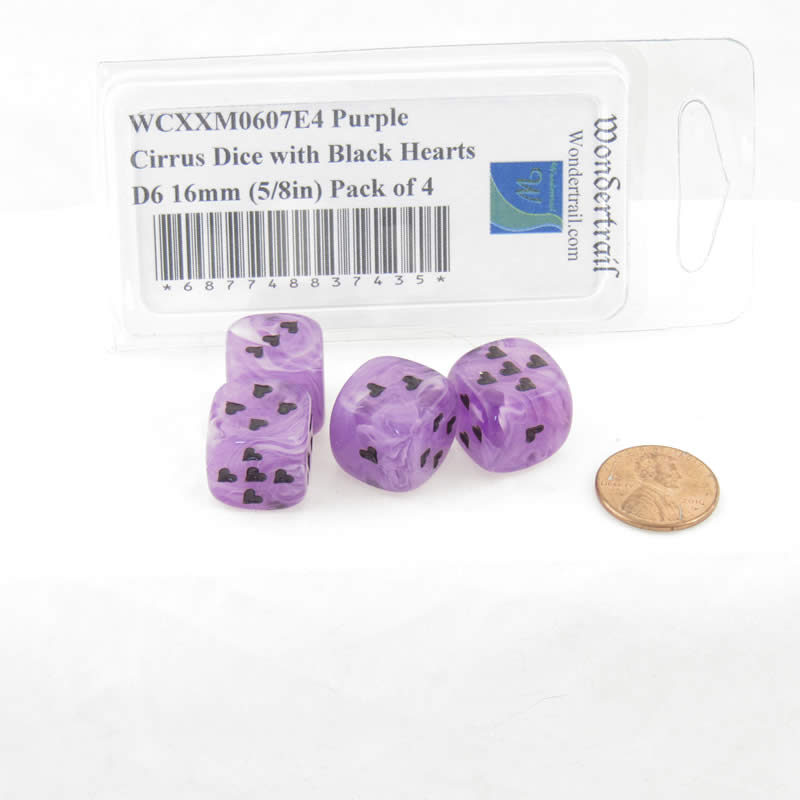 WCXXM0607E4 Purple Cirrus Dice with Black Hearts D6 16mm (5/8in) Pack of 4 (ONLINE ORDER ONLY)