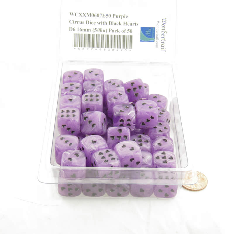 WCXXM0607E50 Purple Cirrus Dice with Black Hearts D6 16mm (5/8in) Pack of 50 (ONLINE ORDER ONLY)