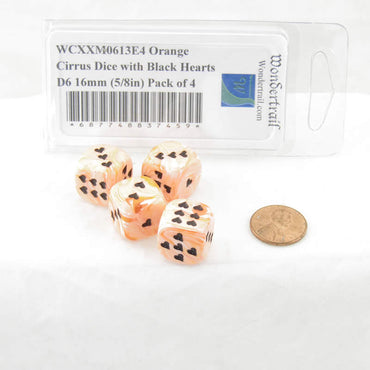 WCXXM0613E4 Orange Cirrus Dice with Black Hearts D6 16mm (5/8in) Pack of 4 (ONLINE ORDER ONLY)
