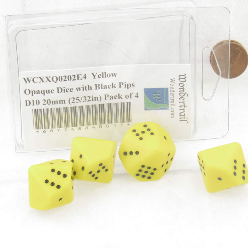 WCXXQ0202E4 Yellow Opaque Dice with Black Pips D10 20mm (25/32in) Pack of 4 (ONLINE ORDER ONLY)