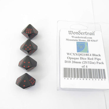 WCXXQ0218E4 Black Opaque Dice Red Pips D10 20mm (25/32in) Pack of 4 (ONLINE ORDER ONLY)