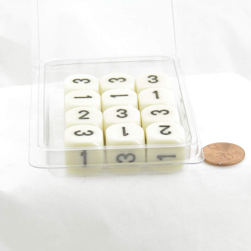 WCXXQ0300E12 Ivory Opaque Dice Black Numbers D3 (D6 1-3 Twice) 16mm Pack of 12 (ONLINE ORDER ONLY)