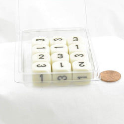 WCXXQ0300E12 Ivory Opaque Dice Black Numbers D3 (D6 1-3 Twice) 16mm Pack of 12 (ONLINE ORDER ONLY)