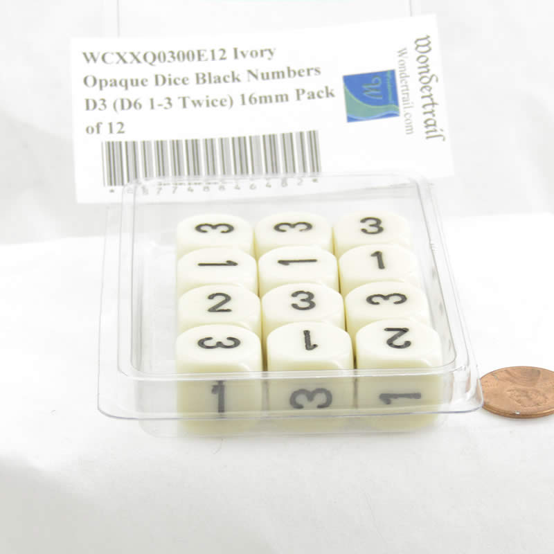 WCXXQ0300E12 Ivory Opaque Dice Black Numbers D3 (D6 1-3 Twice) 16mm Pack of 12 (ONLINE ORDER ONLY)