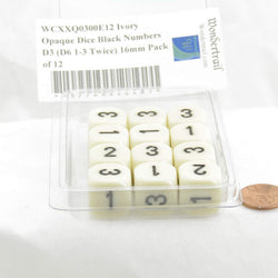 WCXXQ0300E12 Ivory Opaque Dice Black Numbers D3 (D6 1-3 Twice) 16mm Pack of 12 (ONLINE ORDER ONLY)