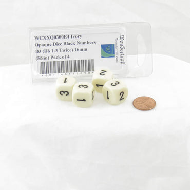 WCXXQ0300E4 Ivory Opaque Dice Black Numbers D3 (D6 1-3 Twice) 16mm Pack of 4 (ONLINE ORDER ONLY)