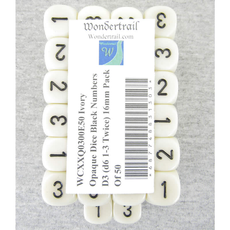 WCXXQ0300E50 Ivory Opaque Dice Black Numbers D3 (d6 1-3 Twice) 16mm Pack Of 50 (ONLINE ORDER ONLY)