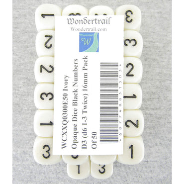 WCXXQ0300E50 Ivory Opaque Dice Black Numbers D3 (d6 1-3 Twice) 16mm Pack Of 50 (ONLINE ORDER ONLY)