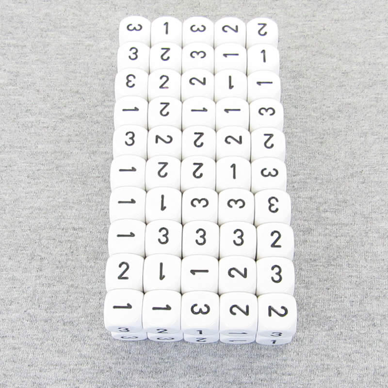 WCXXQ0301B1 White Opaque Dice Black Numbers D3 (d6 1-3 Twice) 16mm Pack of 100 (ONLINE ORDER ONLY)