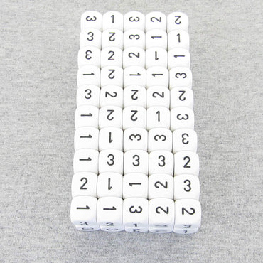 WCXXQ0301B1 White Opaque Dice Black Numbers D3 (d6 1-3 Twice) 16mm Pack of 100 (ONLINE ORDER ONLY)