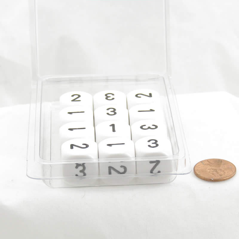WCXXQ0301E12 White Opaque Dice Black Numbers D3 (d6 1-3 Twice) 16mm Pack of 12 (ONLINE ORDER ONLY)