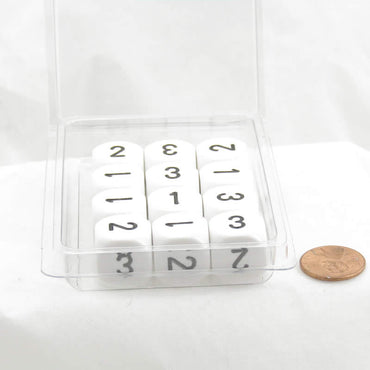 WCXXQ0301E12 White Opaque Dice Black Numbers D3 (d6 1-3 Twice) 16mm Pack of 12 (ONLINE ORDER ONLY)