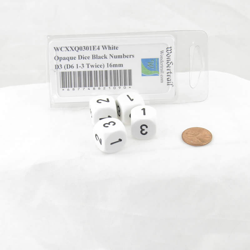 WCXXQ0301E4 White Opaque Dice Black Numbers D3 (D6 1-3 Twice) 16mm (ONLINE ORDER ONLY)