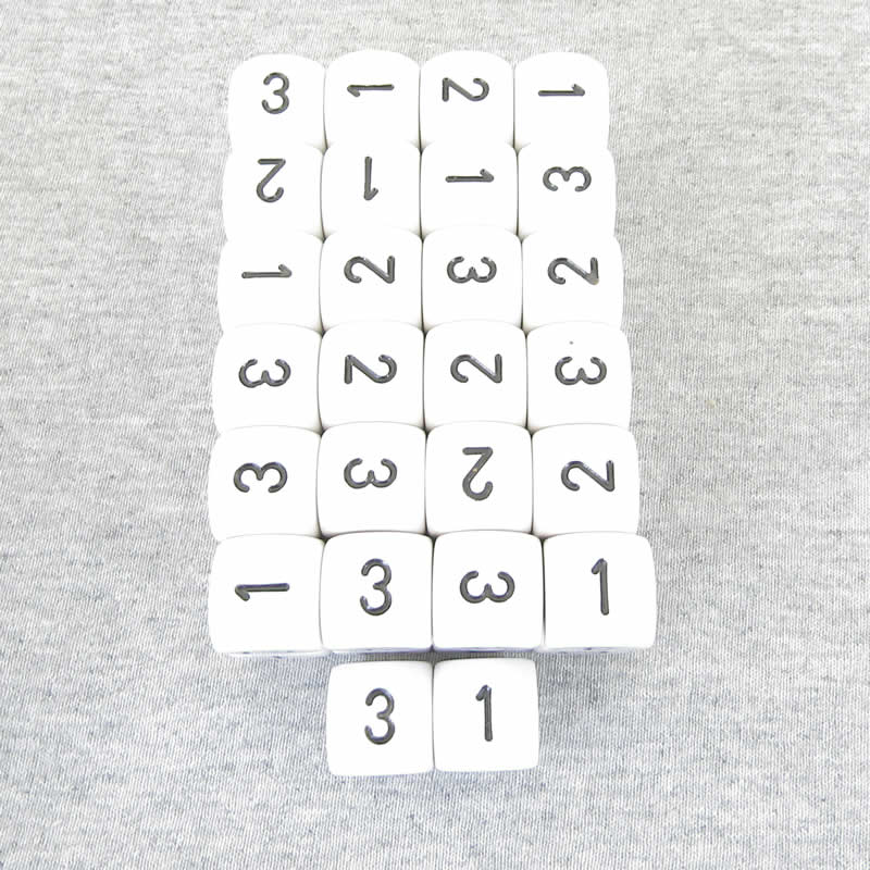 WCXXQ0301E50 White Opaque Dice Black Numbers D3 (d6 1-3 Twice) 16mm Pack of 50 (ONLINE ORDER ONLY)