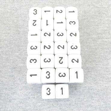 WCXXQ0301E50 White Opaque Dice Black Numbers D3 (d6 1-3 Twice) 16mm Pack of 50 (ONLINE ORDER ONLY)