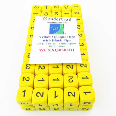 WCXXQ0302B1 Yellow Opaque Dice Black Numbers D3 (D6 1-3 Twice) 16mm Pack of 100 (ONLINE ORDER ONLY)