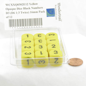 WCXXQ0302E12 Yellow Opaque Dice Black Numbers D3 (D6 1-3 Twice) 16mm Pack of 12 (ONLINE ORDER ONLY)