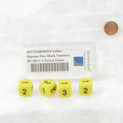 WCXXQ0302E4 Yellow Opaque Dice Black Numbers D3 (D6 1-3 Twice) 16mm (ONLINE ORDER ONLY)