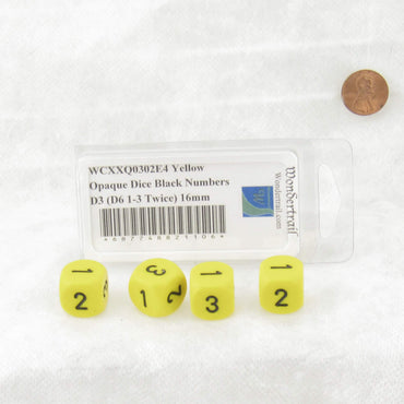 WCXXQ0302E4 Yellow Opaque Dice Black Numbers D3 (D6 1-3 Twice) 16mm (ONLINE ORDER ONLY)