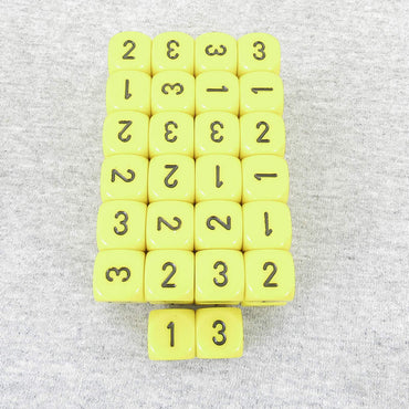 WCXXQ0302E50 Yellow Opaque Dice Black Numbers D3 (D6 1-3 Twice) 16mm Pack of 50 (ONLINE ORDER ONLY)