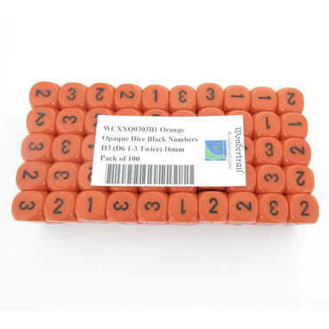 WCXXQ0303B1 Orange Opaque Dice Black Numbers D3 (D6 1-3 Twice) 16mm Pack of 100 (ONLINE ORDER ONLY)