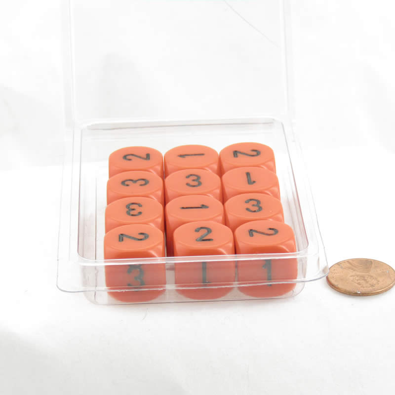 WCXXQ0303E12 Orange Opaque Dice Black Numbers D3 (D6 1-3 Twice) 16mm Pack of 12 (ONLINE ORDER ONLY)