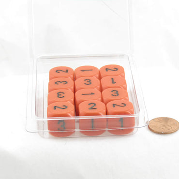 WCXXQ0303E12 Orange Opaque Dice Black Numbers D3 (D6 1-3 Twice) 16mm Pack of 12 (ONLINE ORDER ONLY)