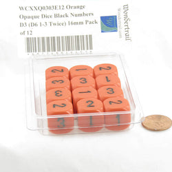 WCXXQ0303E12 Orange Opaque Dice Black Numbers D3 (D6 1-3 Twice) 16mm Pack of 12 (ONLINE ORDER ONLY)