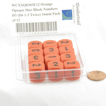 WCXXQ0303E12 Orange Opaque Dice Black Numbers D3 (D6 1-3 Twice) 16mm Pack of 12 (ONLINE ORDER ONLY)
