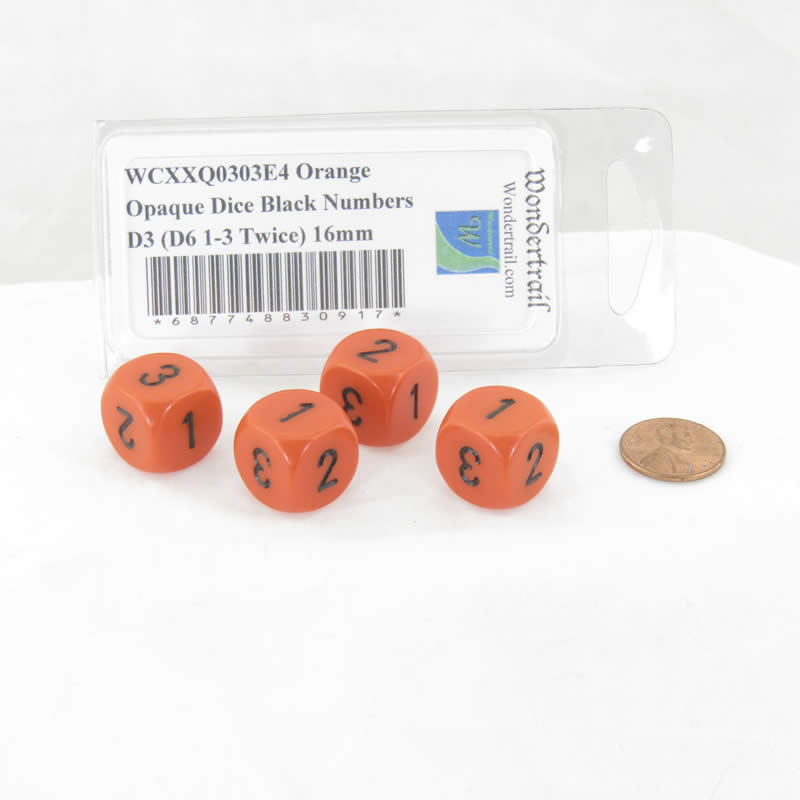 WCXXQ0303E4 Orange Opaque Dice Black Numbers D3 (D6 1-3 Twice) 16mm (ONLINE ORDER ONLY)