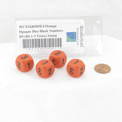 WCXXQ0303E4 Orange Opaque Dice Black Numbers D3 (D6 1-3 Twice) 16mm (ONLINE ORDER ONLY)