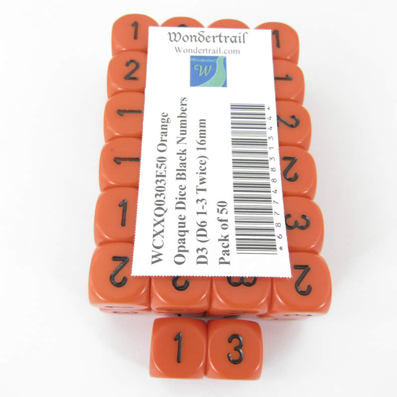 WCXXQ0303E50 Orange Opaque Dice Black Numbers D3 (D6 1-3 Twice) 16mm Pack of 50 (ONLINE ORDER ONLY)