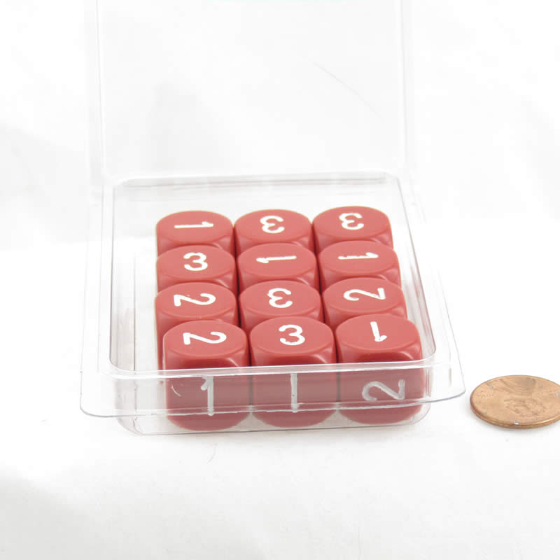 WCXXQ0304E12 Red Opaque Dice White Numbers D3 (D6 1-3 Twice) 16mm Pack of 12 (ONLINE ORDER ONLY)