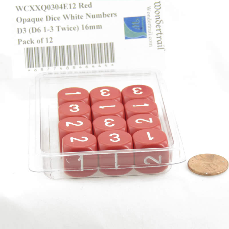 WCXXQ0304E12 Red Opaque Dice White Numbers D3 (D6 1-3 Twice) 16mm Pack of 12 (ONLINE ORDER ONLY)