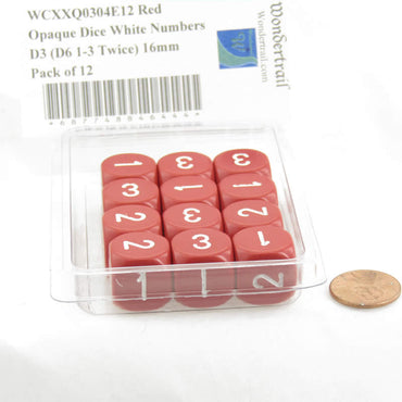 WCXXQ0304E12 Red Opaque Dice White Numbers D3 (D6 1-3 Twice) 16mm Pack of 12 (ONLINE ORDER ONLY)
