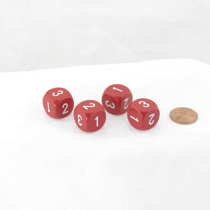 WCXXQ0304E4 Red Opaque Dice White Numbers D3 (D6 1-3 Twice) 16mm Pack of 4 (ONLINE ORDER ONLY)